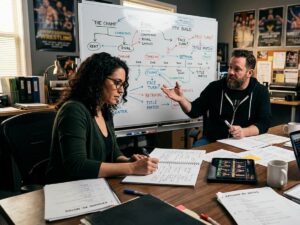 a storyboarding session for the next wrestling plotline complete with dry erase board notes