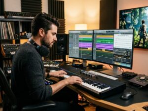 a composer composing video game music at his computer